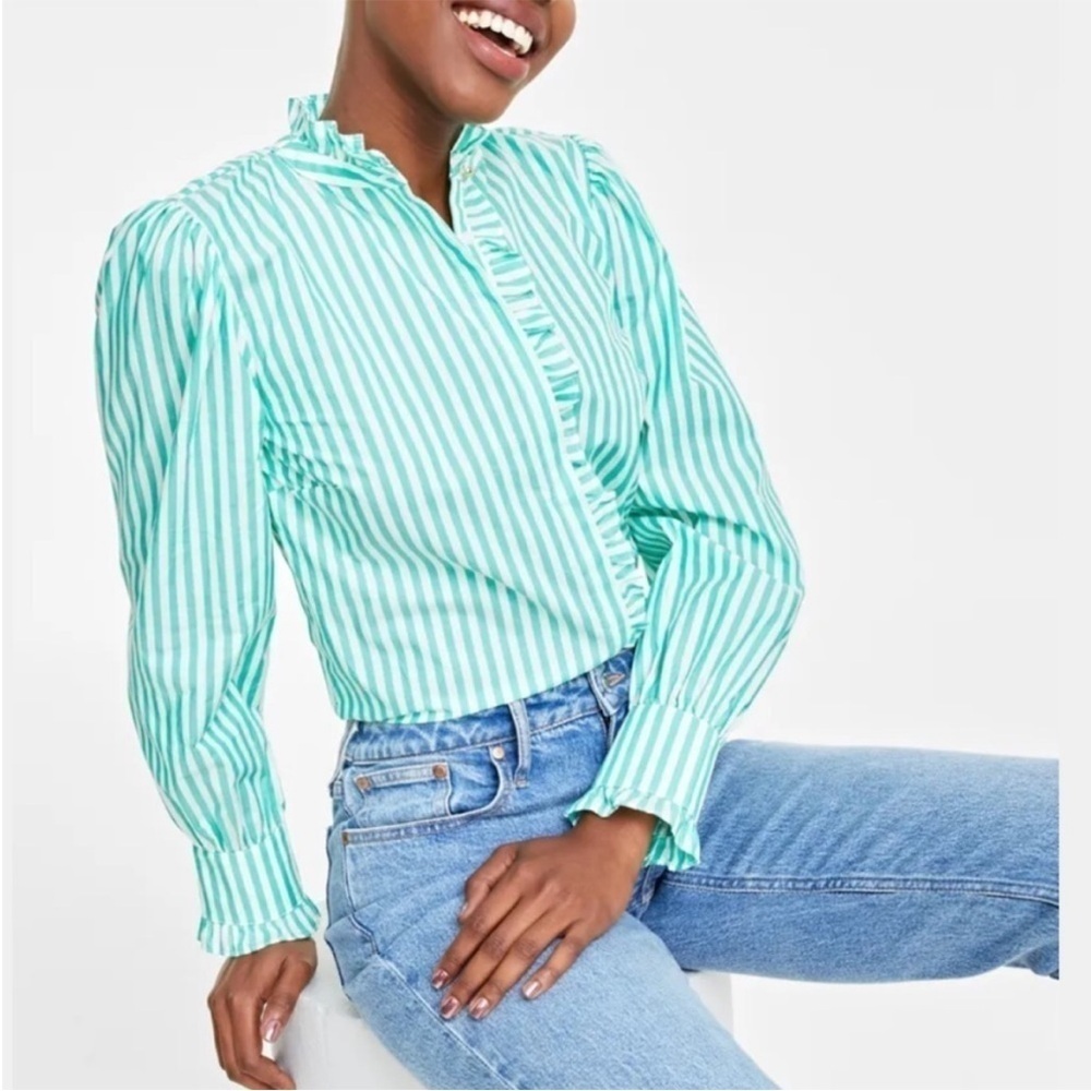 On 34th Stripe Ruffle Trim Blouse